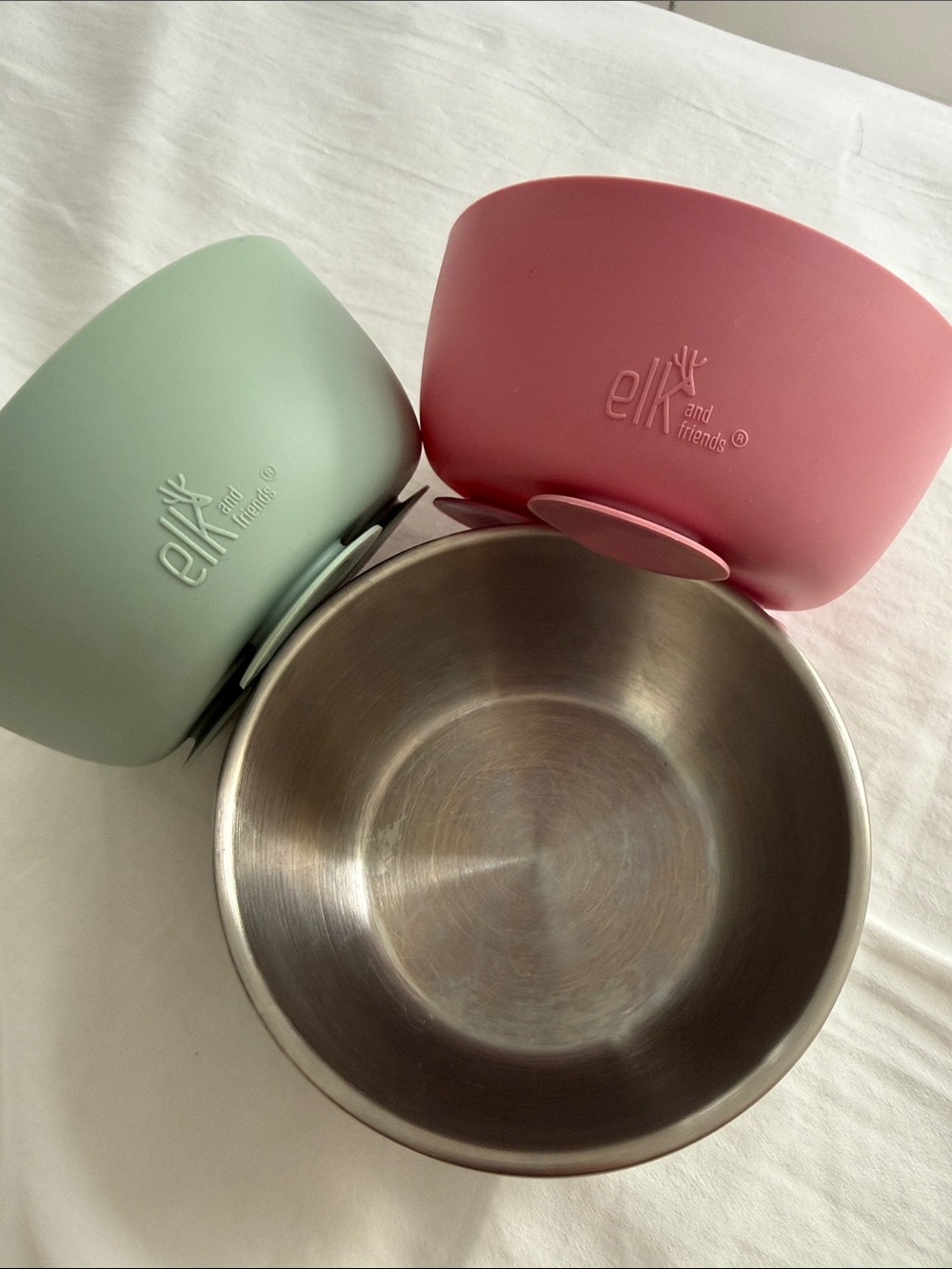 Stainless Steel Kids Bowl w/ Pink and Green Silicone Inserts by Elk and Friends